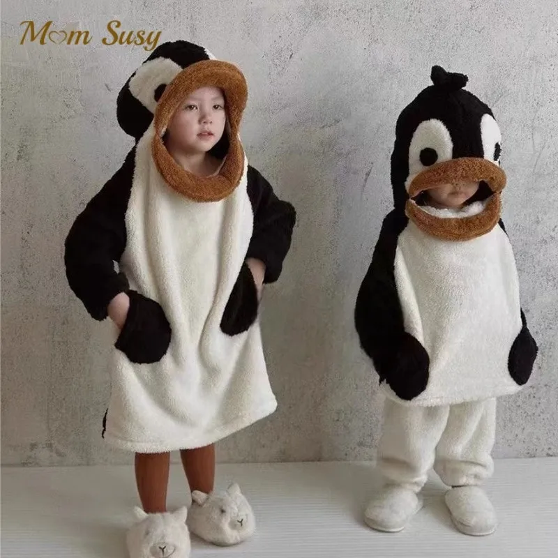 Baby Boy Girl Cartoon Penguin Pajamas Set Warm Infant Toddler Child Winter Hooded Sleepwear Kids Home Suit Baby Clothes 18M-10Y