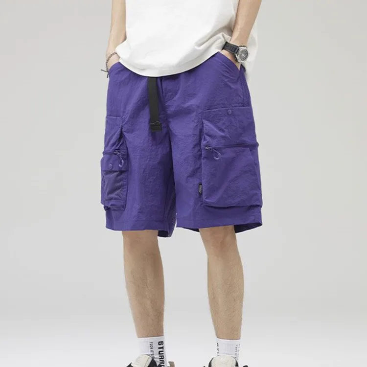กางเกงขาสั้นคาร์โก้ลำลองสำหรับผู้ชายสไตล์อเมริกันกางเกงขาสั้นทรงหลวมบางสีพื้นแฟชั่นฤดูร้อน