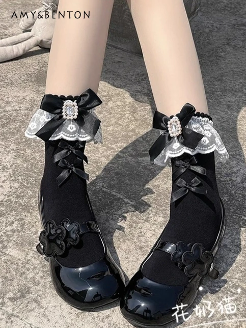 

Оригинальные ретро носки в стиле Лолиты с жемчугом и стразами, женские кавайные носки до середины икры, весенне-осенние короткие носки из чистого хлопка с кружевом в стиле пэчворк