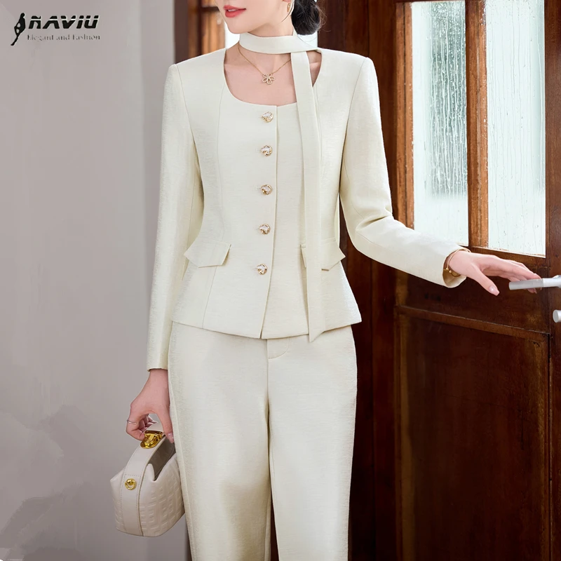 

NAVIU Elegant Office Lady Apricot Suit Autumn New Women's Formal Outfits Single Button Blazer and Wide Leg Pants 2 Piece Set
