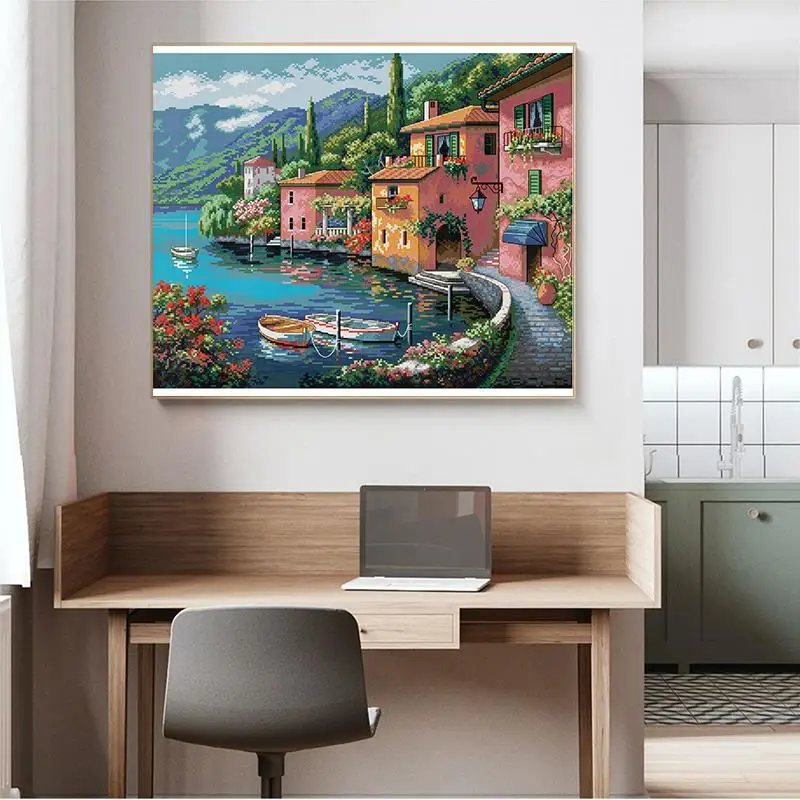 Casa colorata dopo l\'acqua Paesaggio Kit punto croce 14CT Contato 16CT 11CT Tela stampata DMC Filo ricamo Decorazioni per la casa fai da te