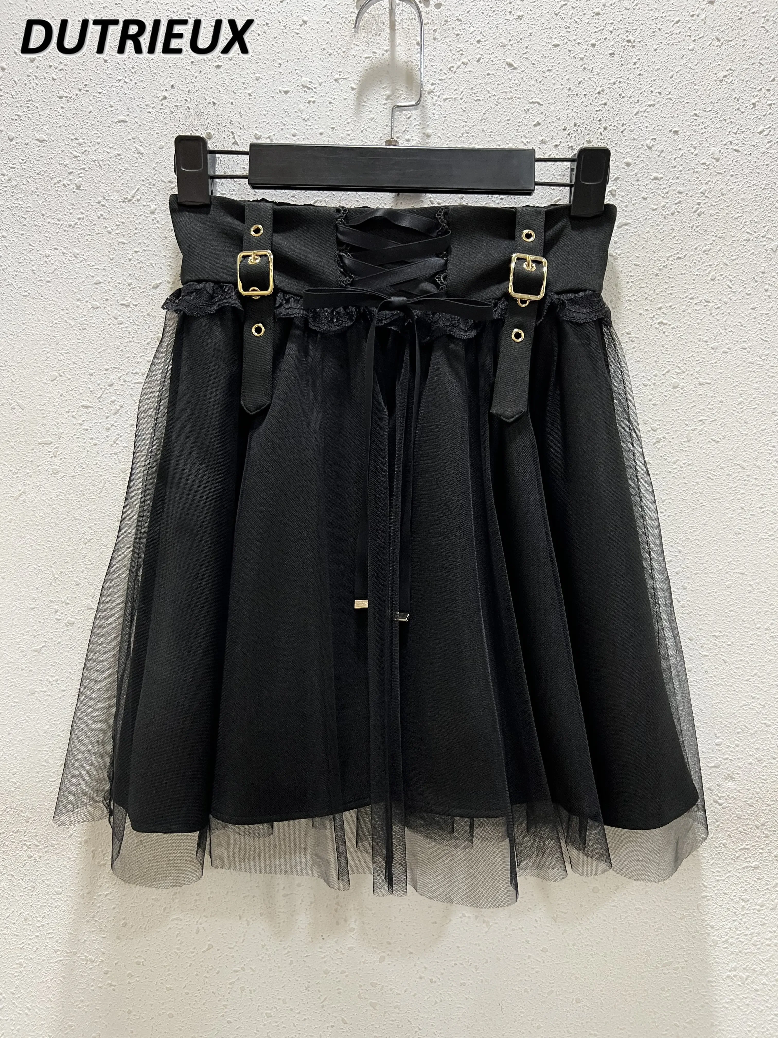 Japanese Single Rojita Skirt Mine Series Mass Production Black Gauze Falda High Waist Sweet Cool Lolita Skirts Bow Pleated Skirt