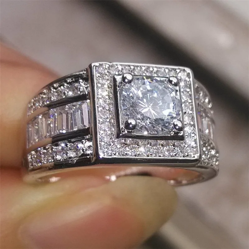 

18K Hip Hop Style cubic zirconia Men's Ring Square Ring Silver Color Pave Setting CZ Wedding Engagement Rings Top Quality Gifts