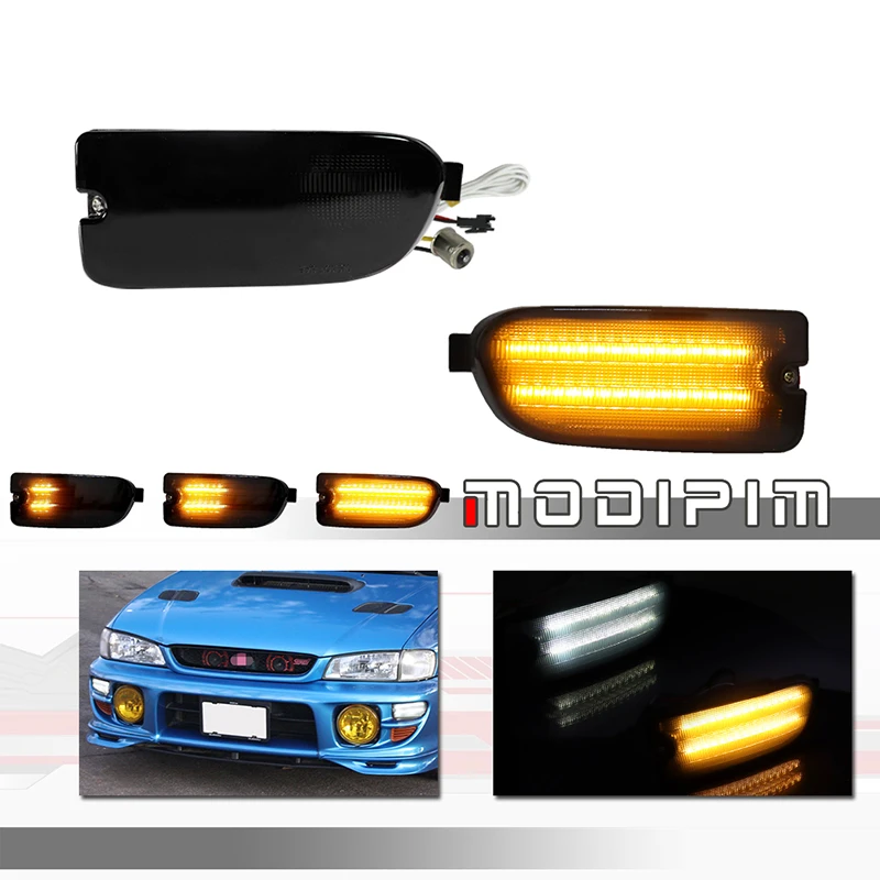 Switchback Sequential Amber LED Front Bumper Turn Signal Lights w/ White DRL/Driving Lights For 1999 2000 2001 Subaru Impreza