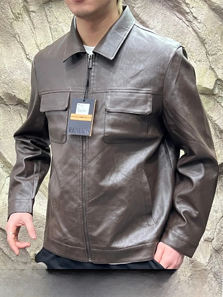 

American Hard Man Sle Heavyweight Oil Waed Craed PU Leather Casual Collar Men's Jaet Coat Autumn Winter Workwear