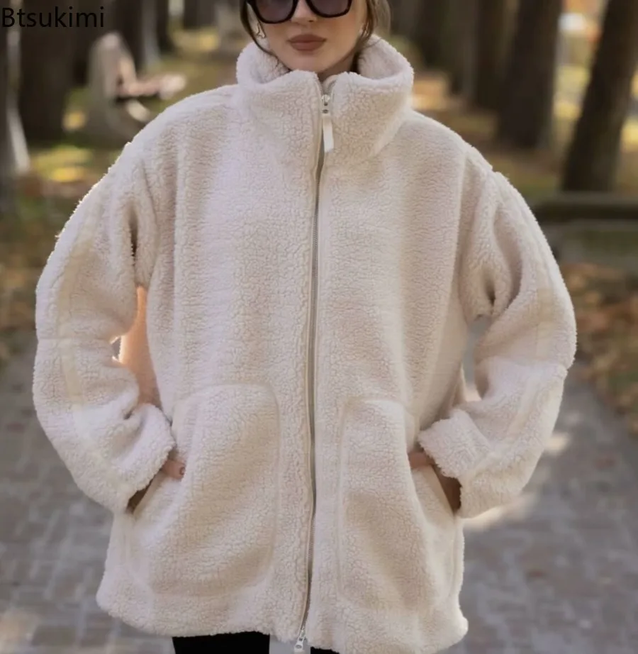 

2025 Winter New Women's Wool Jackets Casual Loose Simple Versatile Zipper Stand Up Collar Long Sleeve Warm Coat Women Streetwear