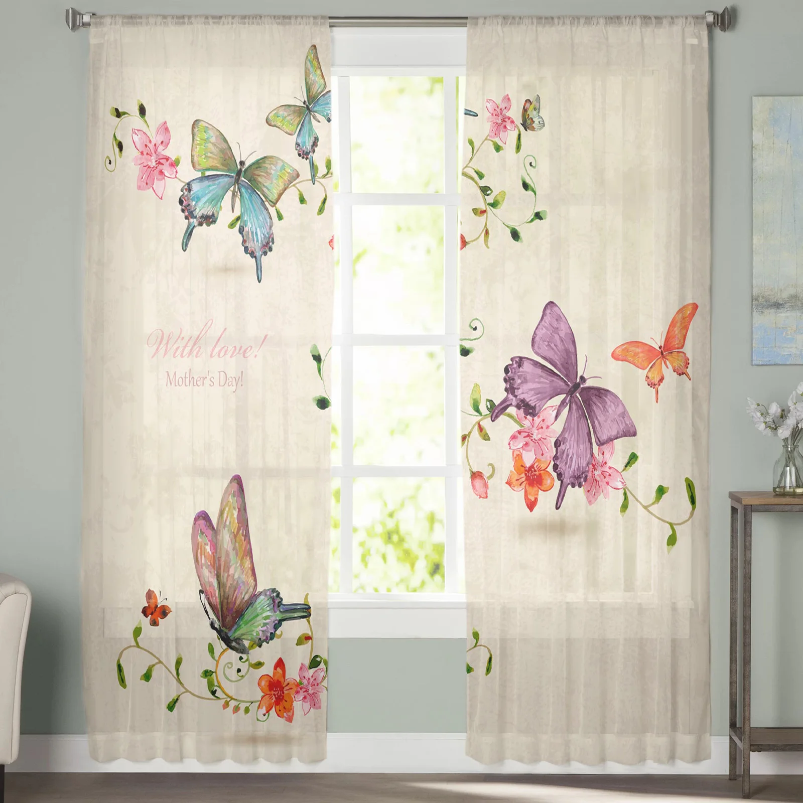 Butterfly Flowers Vintage Style Tulle in Sheer Curtains for Living Room Bedroom Kitchen Window Treatment Chiffon Curtain Blinds