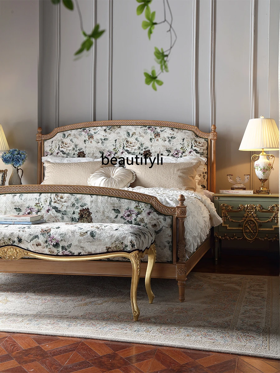 French Solid Wood Carved Vintage Fabric Bed European Style Villa Large Flat Floor Master Bedroom Princess Bed