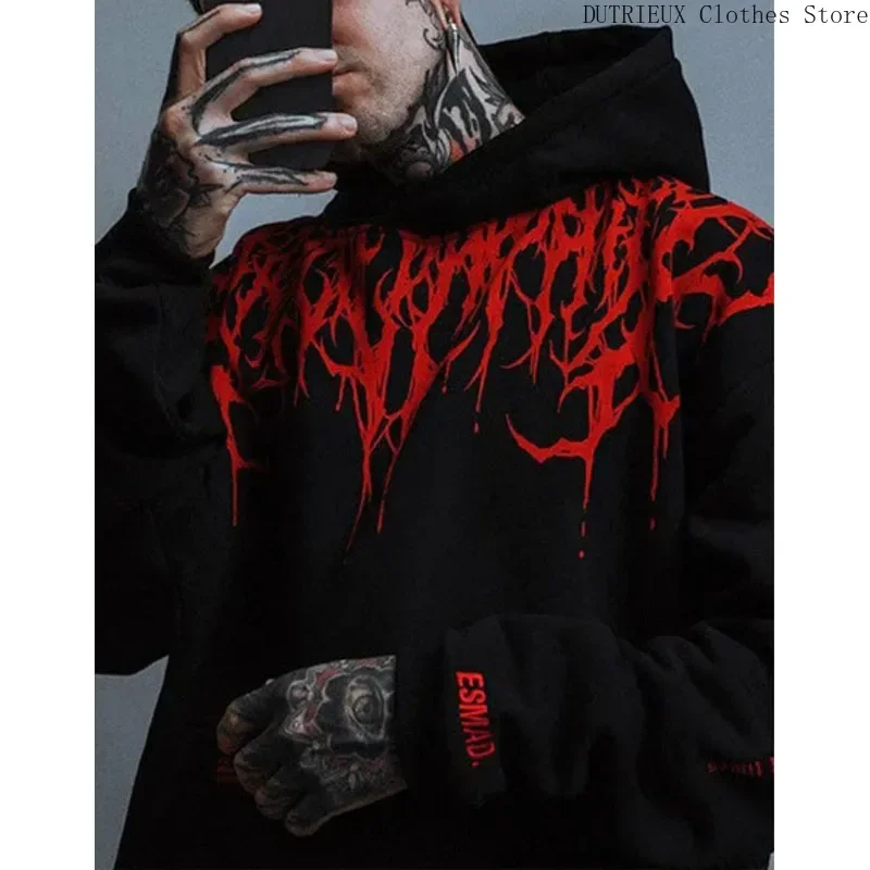 Masculino mal sangue grande padrão hoodie personalidade única casual hoodie outono/inverno engrossado quente preto hoodie para homem completo