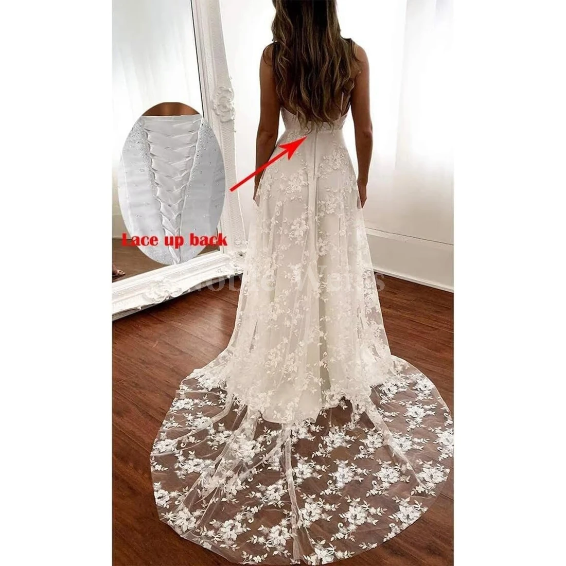 Women's Lace Wedding Dresses for Bride V Neck Boho Bridal Gown Beach Wedding Dress with Sweep Train Customized