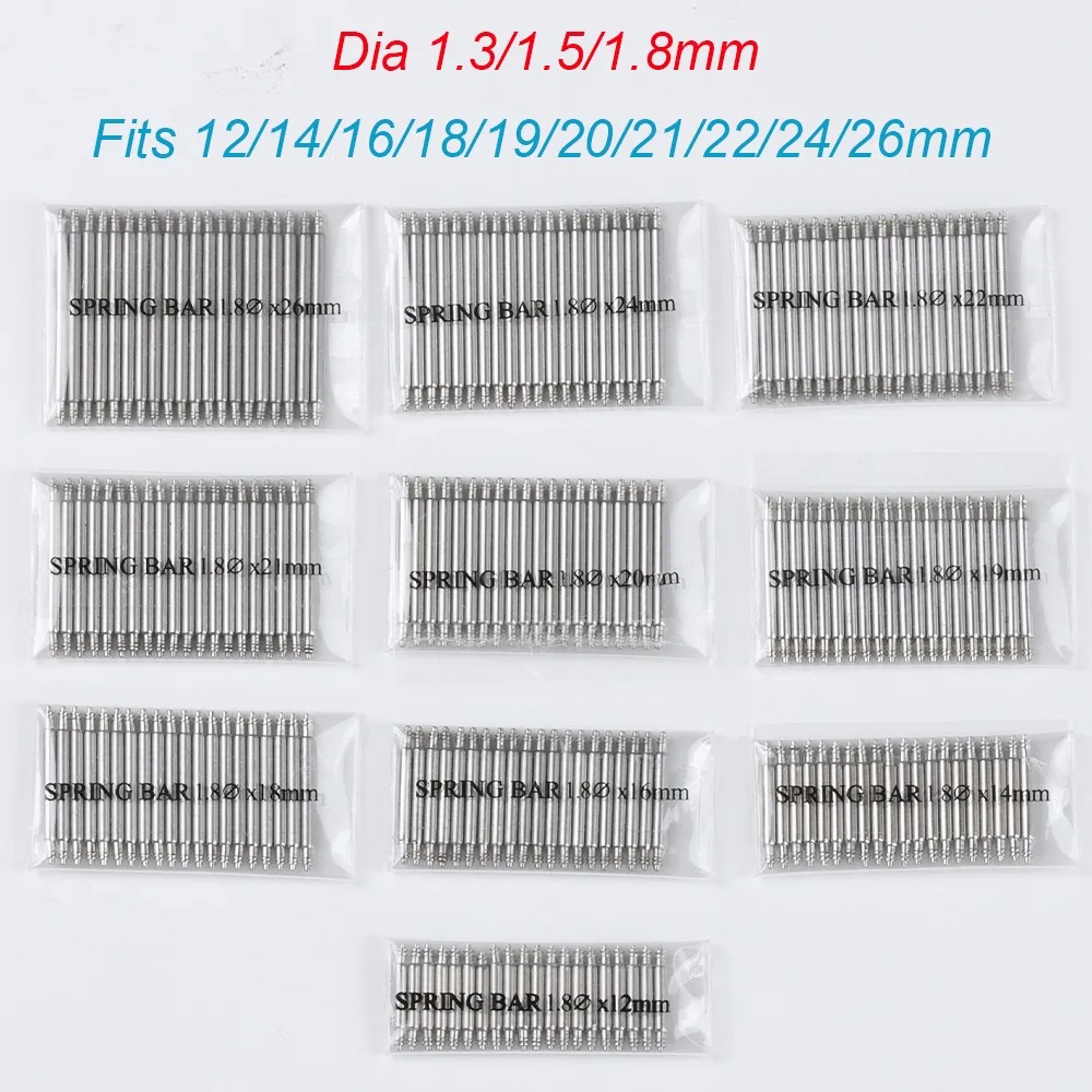 20pcs Dia 1.3mm 1.5mm 1.8mm Spring Bars Straps Link Pins Fits 12/14/16/18/19/20mm 21mm 22mm 24mm 26mm Stainless Steel Spring Bar