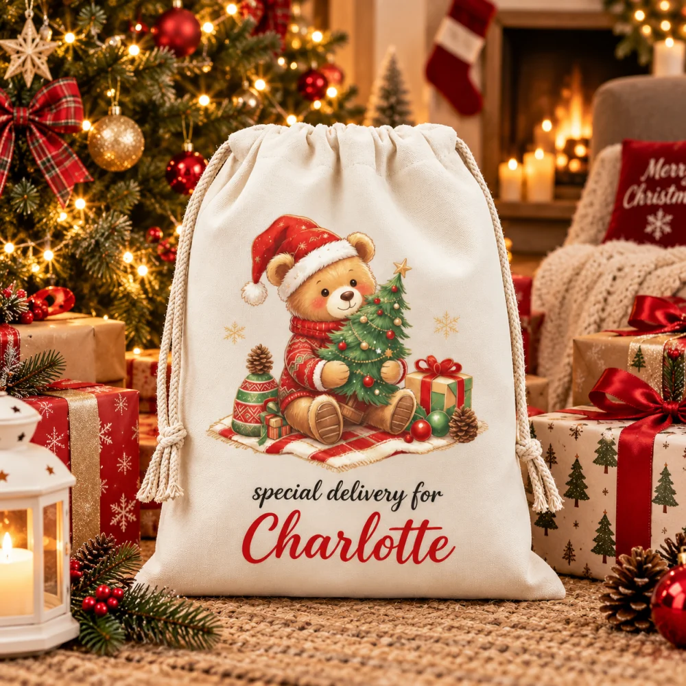 1Pc Customized Name/Text Christmas Cartoon Bear Imitation Hemp Gift Bags, Extra-Large Drawstring Bag, Party Gift Candy Bags