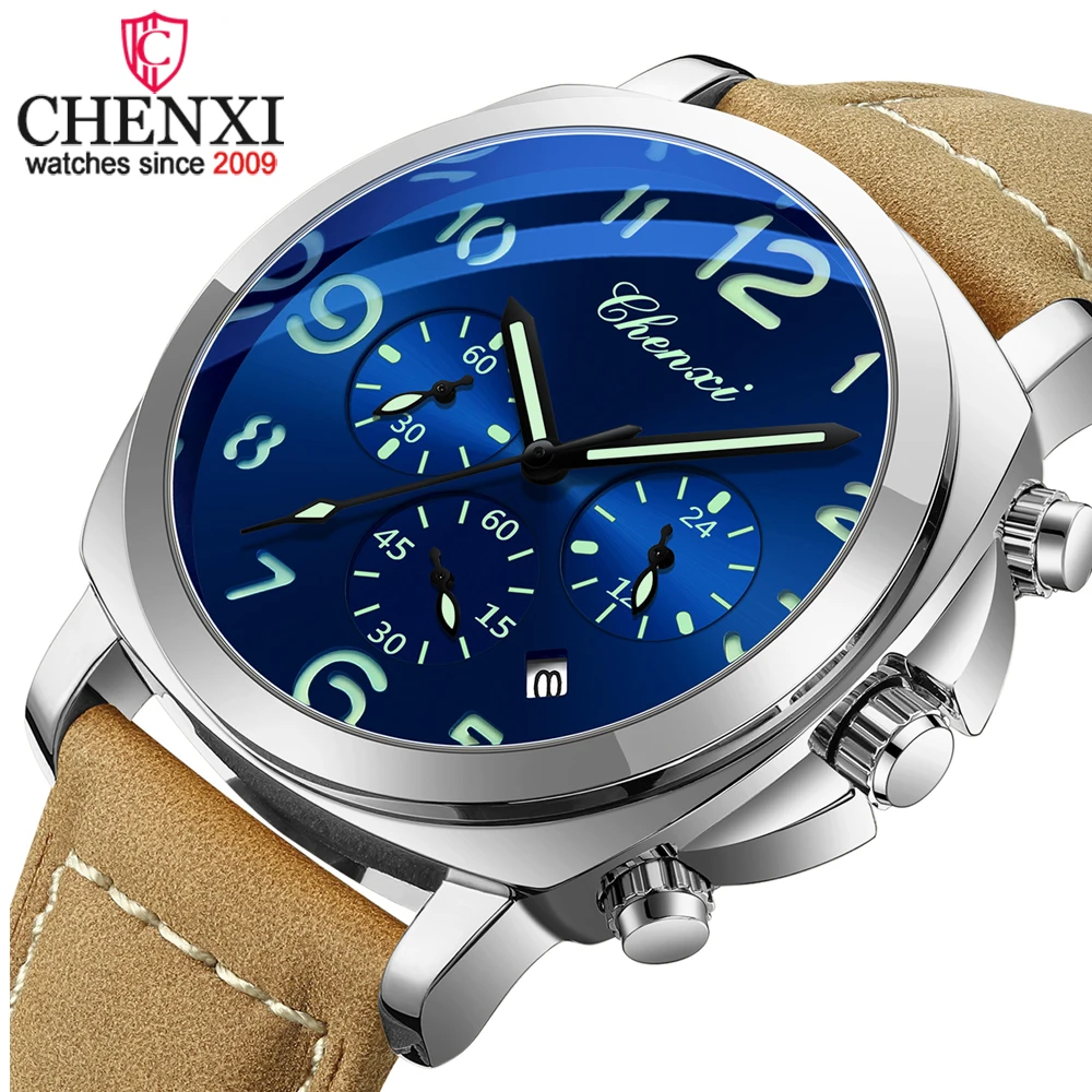 CHENXI العسكرية الرياضية الفاخرة ساعة كوارتز رجالية مقاوم للماء مضيئة كرونوغراف تاريخ حلقة من جلد ملابس مريحة Reloj