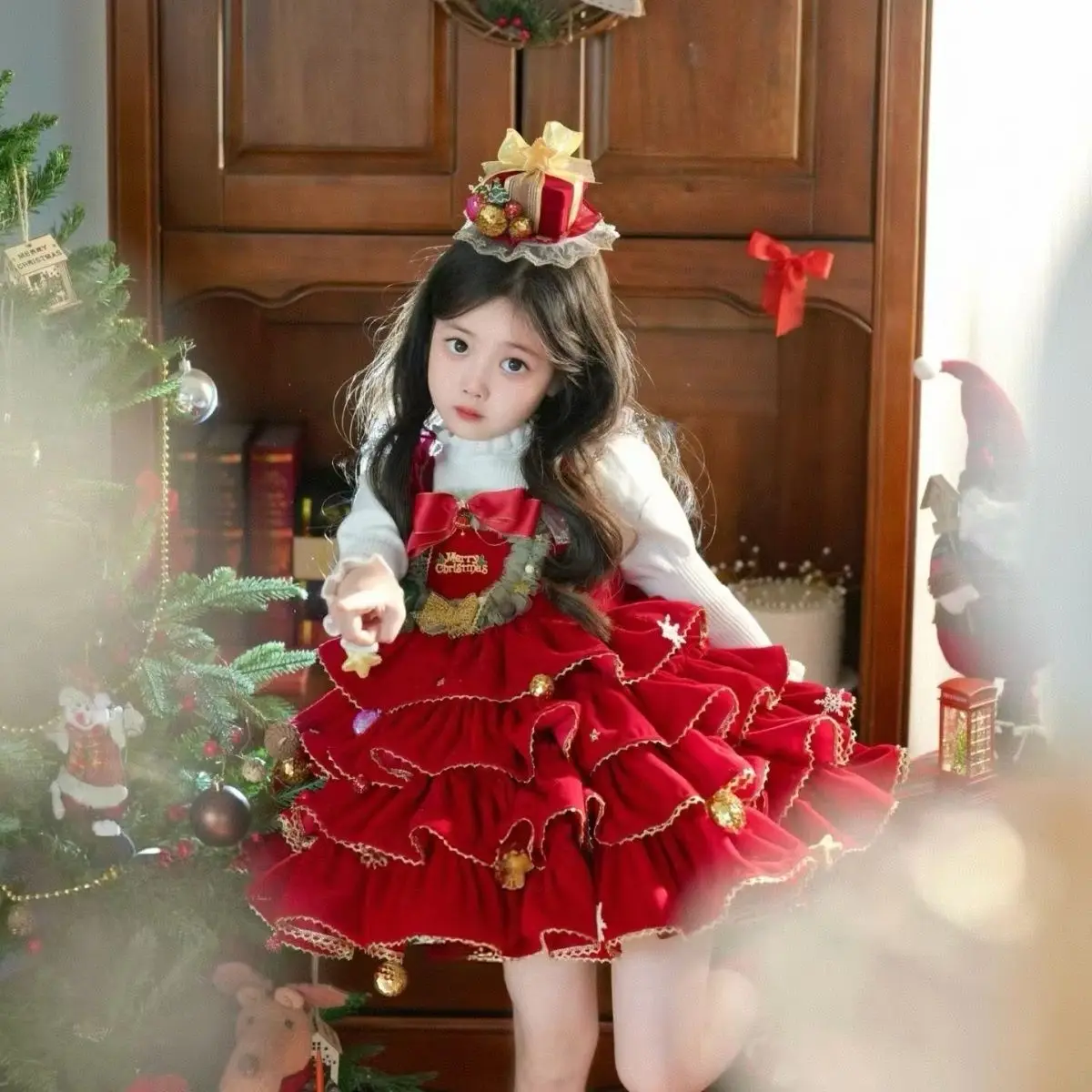 Costume Kids Baby Winter Lolita Kids Red Layed Christmas Sundress+Sweater 2Pcs Suits Bow Girl Children Ball Gown Princess Party