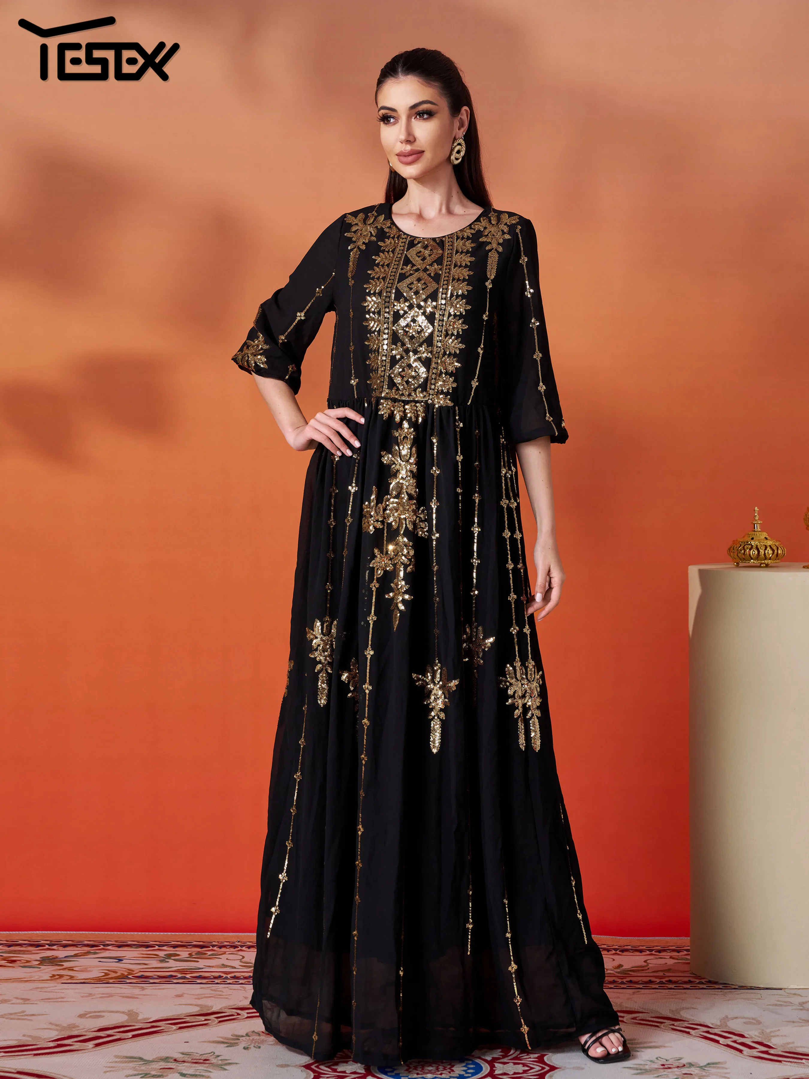 

Yesexy New Church Black Round Neck A Line Sequin Evening Gown Wedding Birthday Party Muslim Middle Eastern Chic Elegant Dress