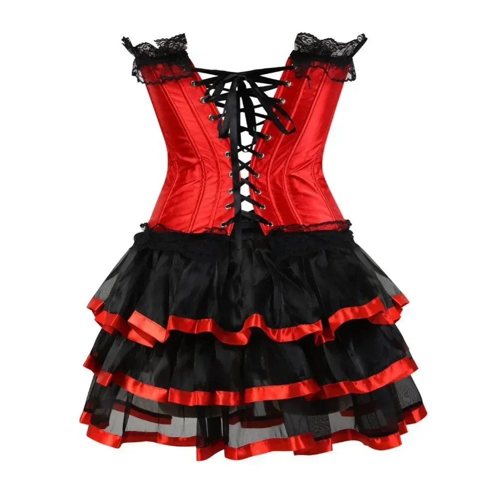 Sexy Overbust Corset Halloween Dress With Mini Tutu Skirt Satin Showgirl Costume Plus Size for Women Lace Corests Bustier Outfit