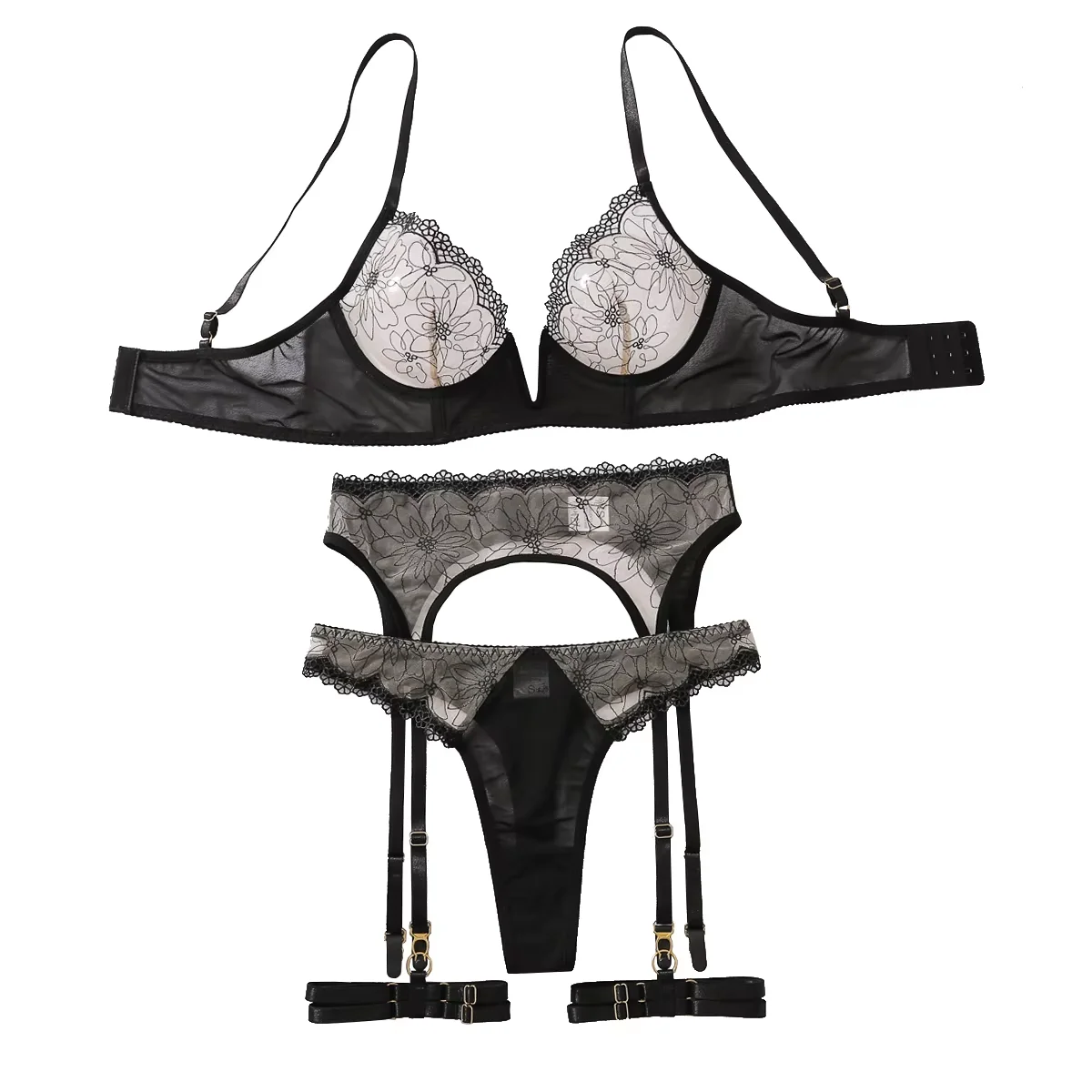Black Embriodered Low Cut transparent underwear Women\'s 4 Piece Floral Lace Underwire Garter Lingerie Set Sexy Porn Suits