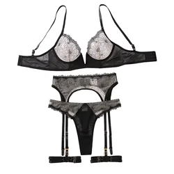 Black Embriodered Low Cut transparent underwear Women's 4 Piece Floral Lace Underwire Garter Lingerie Set Sexy Porn Suits