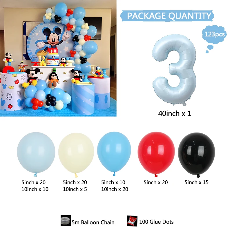 123szt Disney Mickey Mouse Themed Party Balloon Arch Kit 40inch Blue Digital Foil Balloon for Kid Birthday Party Decor Supplies