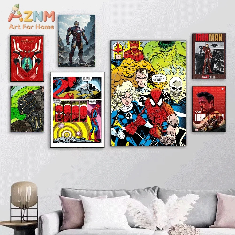 AZNM Black Panther Crouching Pose Tech Circuit Background Canvas Wall Print, Superhero Purple Glow Effect Comic Pop Graphic Ar