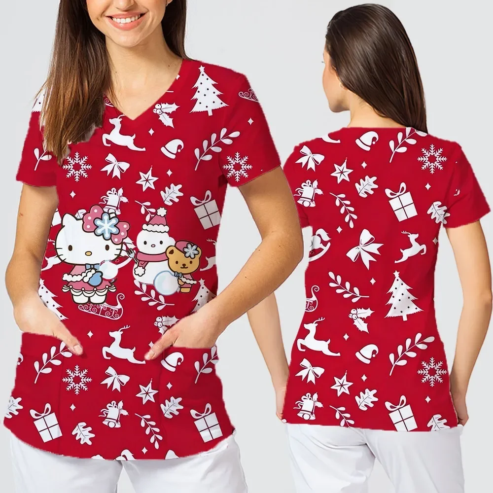 Christmas Festive Atmosphere Cartoon Pattern Printed Tops for Women V-neck Two Pockets Casual Short Sleeves New Style T-shirts