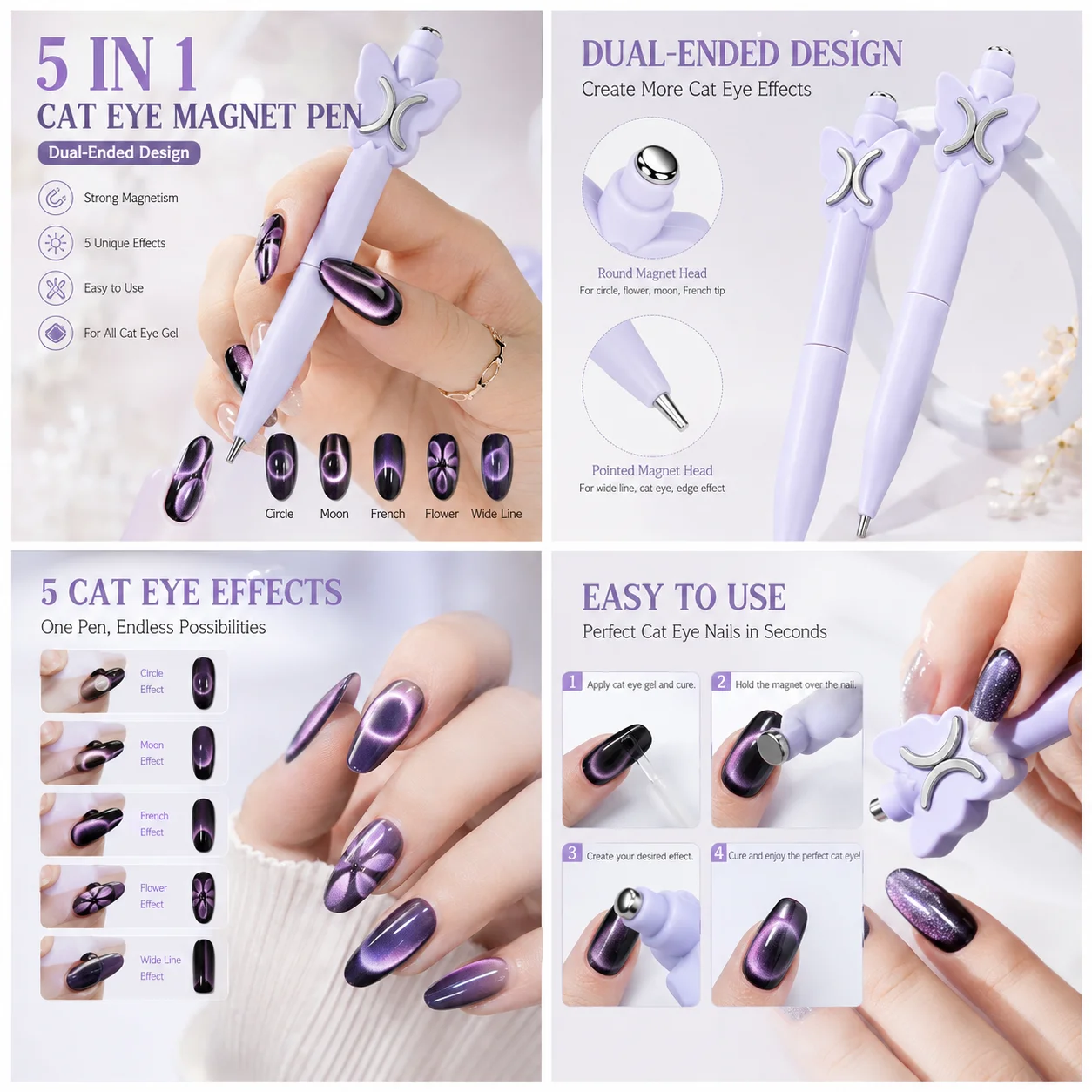 5-in-1 Feenstab Katzenaugen-Nagelmagnet Doppelkopf Starker Magnetring Mond Blütenblatt Schmetterling Design Nagelkunst UV-Gel Werkzeug – Detail 7