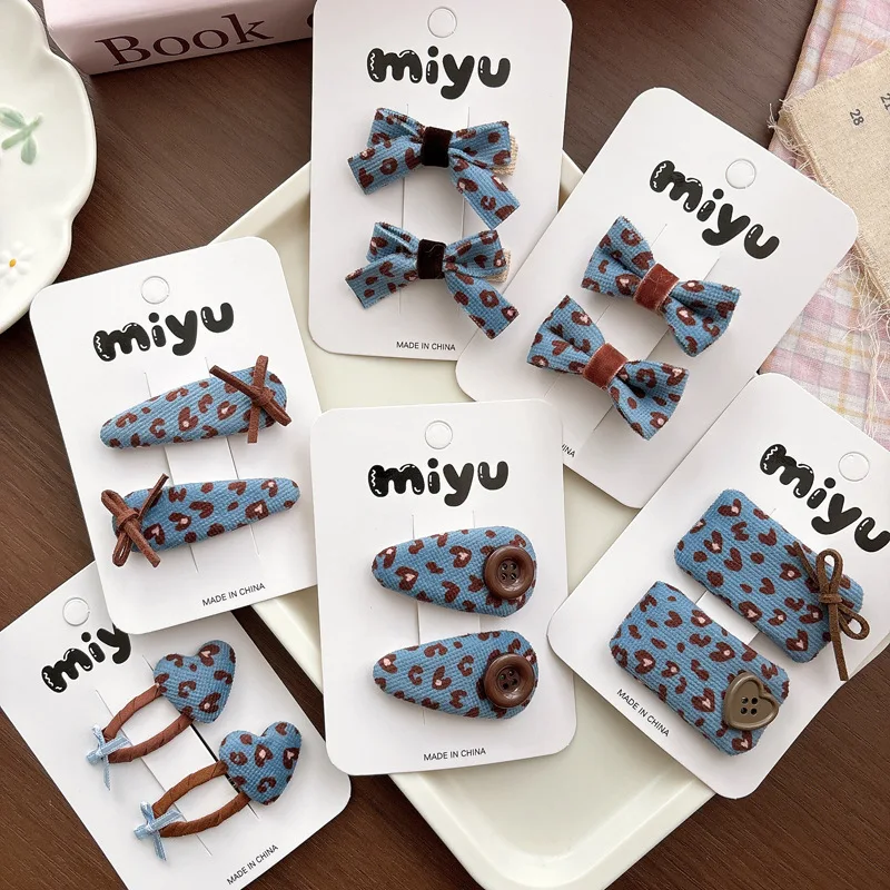 

2pcs/lot Korean Hair Clip Hairpins Denim Blue Leopard Print Girl Bangs Side Clip Bow Hairpin Barrettes Headwear Hair Accessories