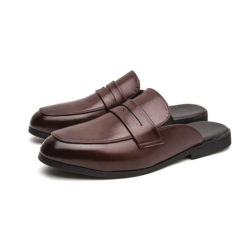 Summer Fashion New Men's Brown Half Slippers Large Size Leather Open-back Casual Shoes Male Mules Moccasins Breathable Loafers