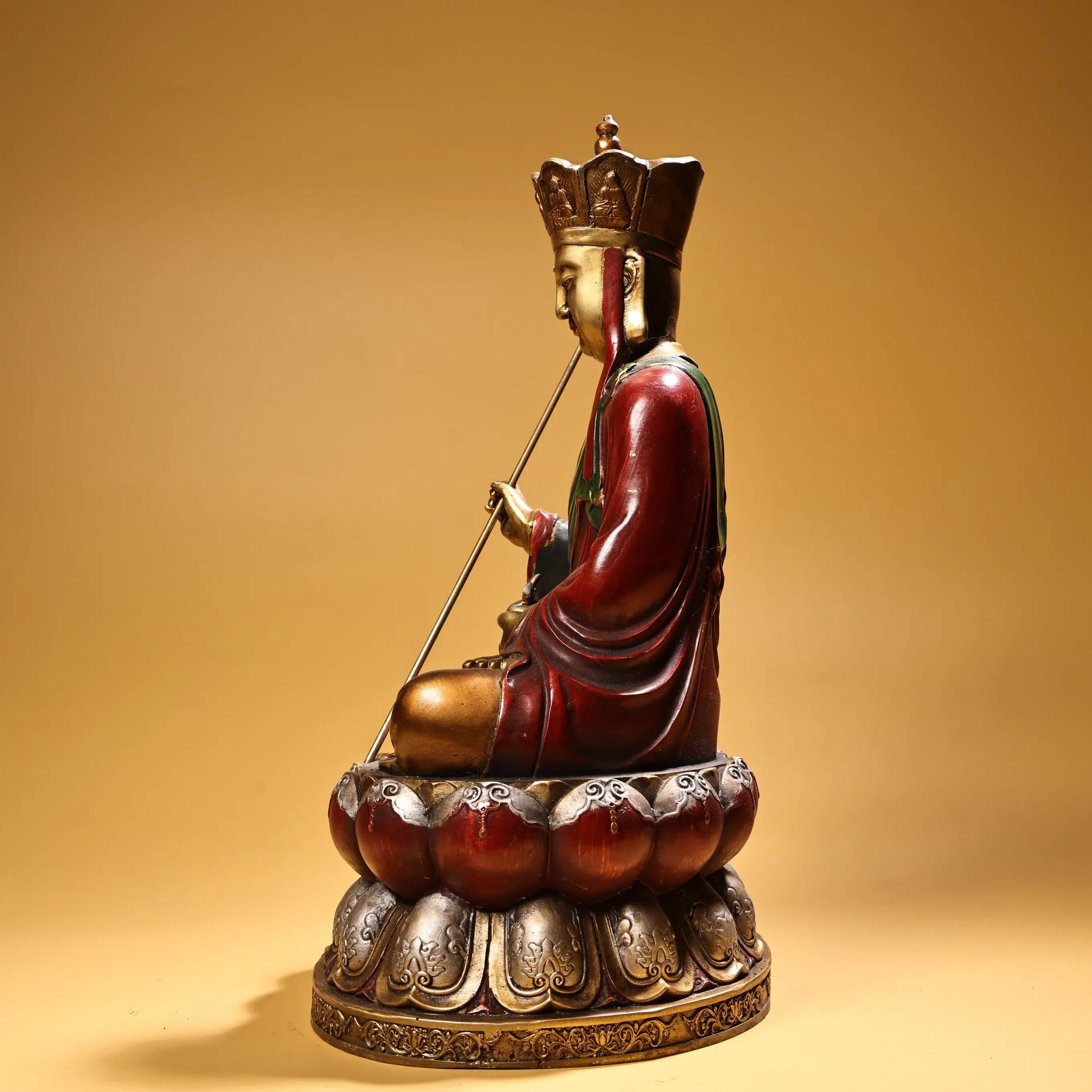 Old Bronze Painted Gilt Ksitigarbha Bodhisattva Statue Serene Face Heavy Patina Fine Craftsmanship Home Decor Collectible