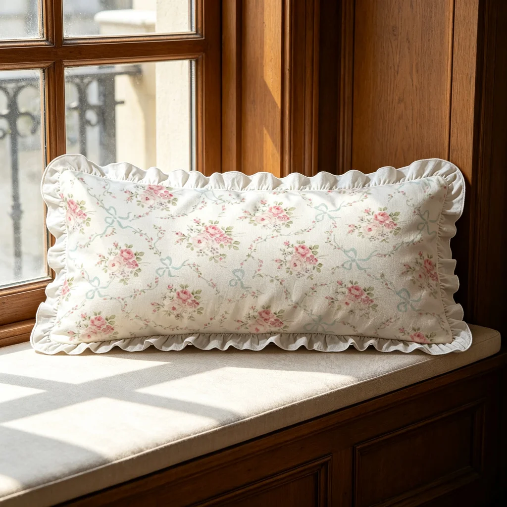 White Rose Blue Bow Print Long Lumbar Pillow Cover, Hand Drawn, Bedroom Living Room Sofa Bed Decor, Polyester, Home Decor