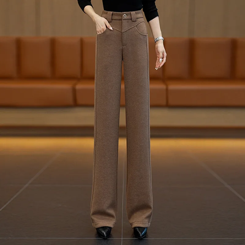 سراويل نسائية صوفية مستقيمة شتوية سميكة دافئة سراويل غير رسمية بقصة ضيقة سراويل تنحيف ثنيات #2