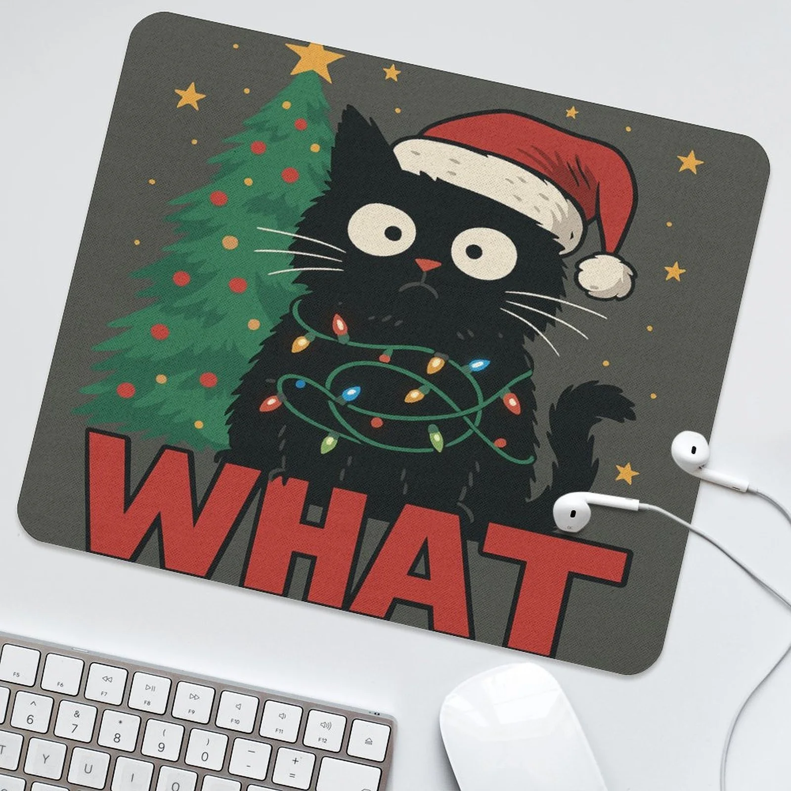 

The Christmas Cat Chaotic Design mouse pad with anti-slip rubber base and small size is suitable for office use and gamers