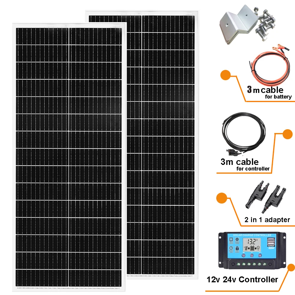 200W 12V Complete Solar Panel Kit: 2pcs 100W Solar Panel +20A Charge Controller Cable Z Bracket for Camper Off Grid Applications