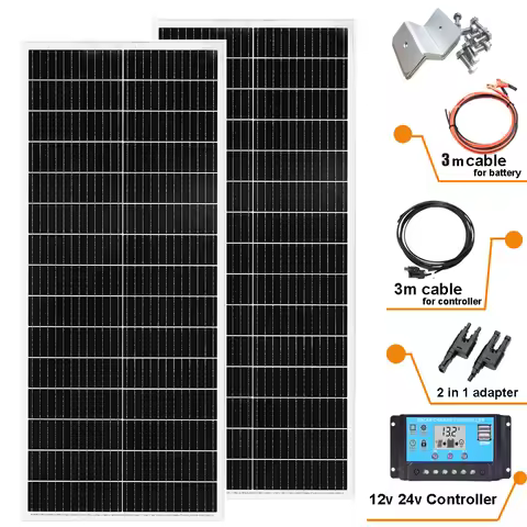 200W 12V Complete Solar Panel Kit: 2pcs 100W Solar Panel +20A Charge Controller Cable Z Bracket for Camper Off Grid Applications