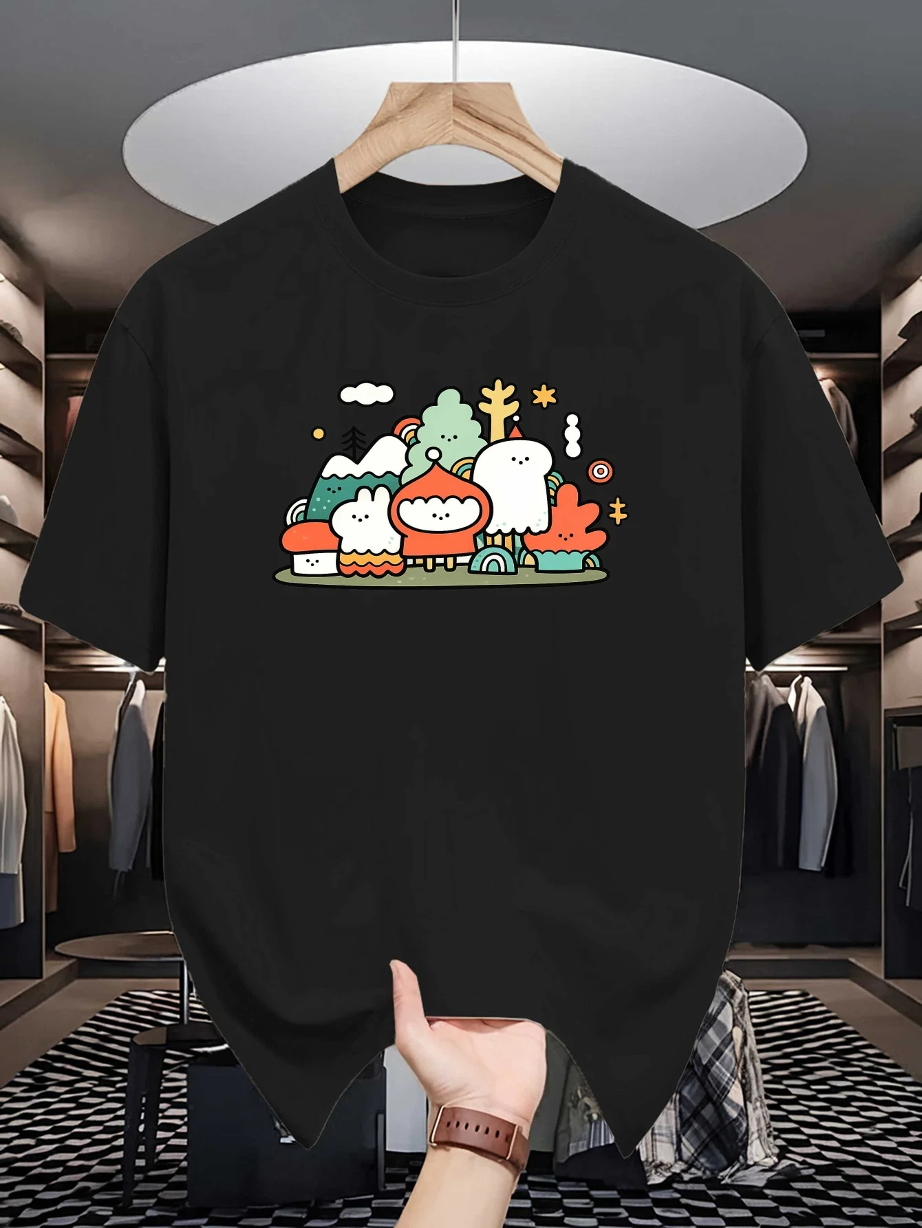 Kawaii Ghost Rabbit Forest Graphic Mens Crew Neck T Shirt Cartoon Nature Print Short Sleeve Casual Cotton Daily Street Tops