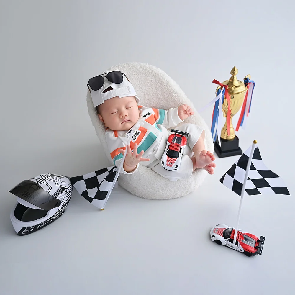 Newborn Race Car Themed Photography Props Baby Boy Racer Romper Set Helmet Toy Cars Props for Studio Infant Milestone Photoshoot