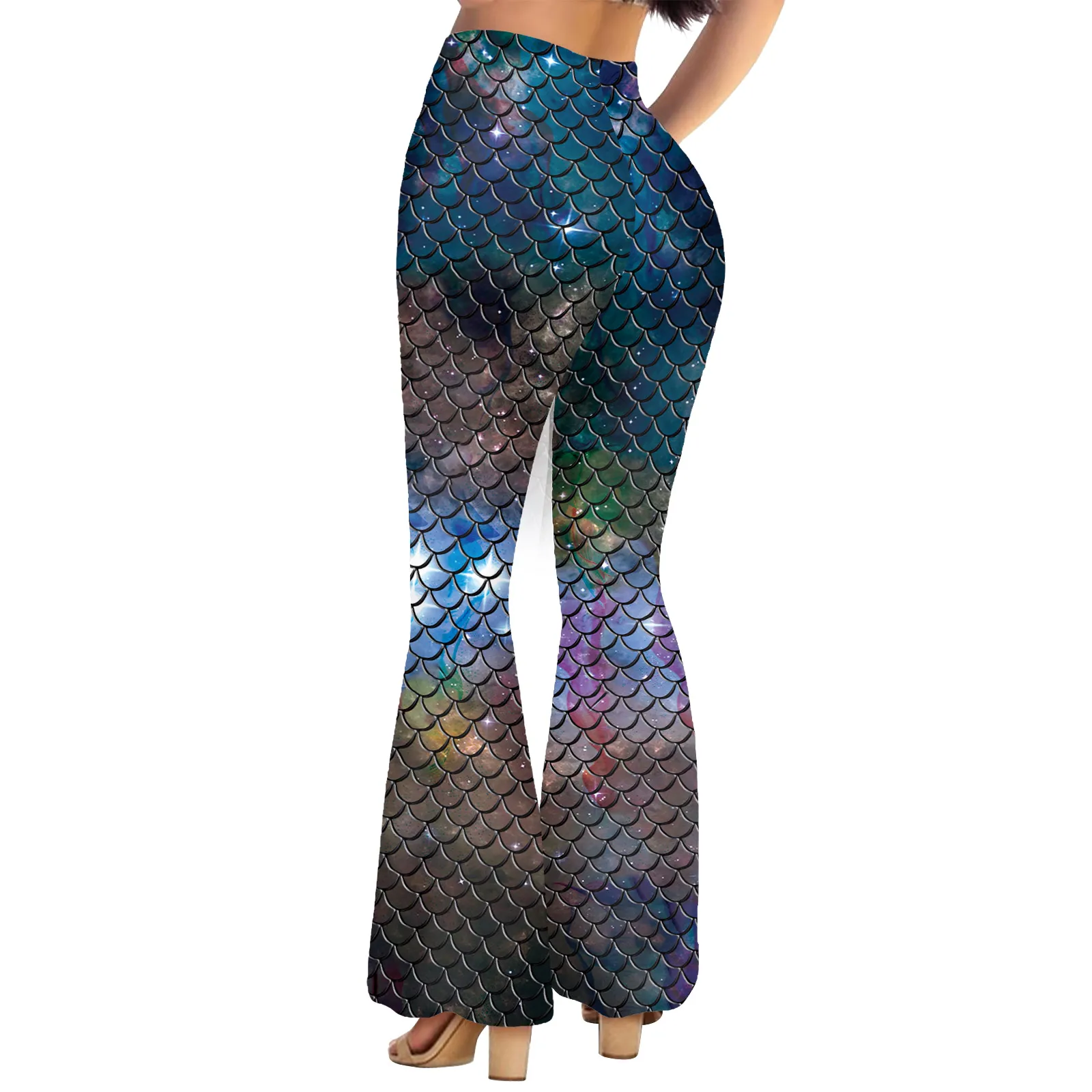 Pantalones acampanados con estampado de sirena en 3D para mujer, pantalón acampanado con estampado de escamas de pescado, para fiesta de disfraces de Halloween y Carnaval, novedad