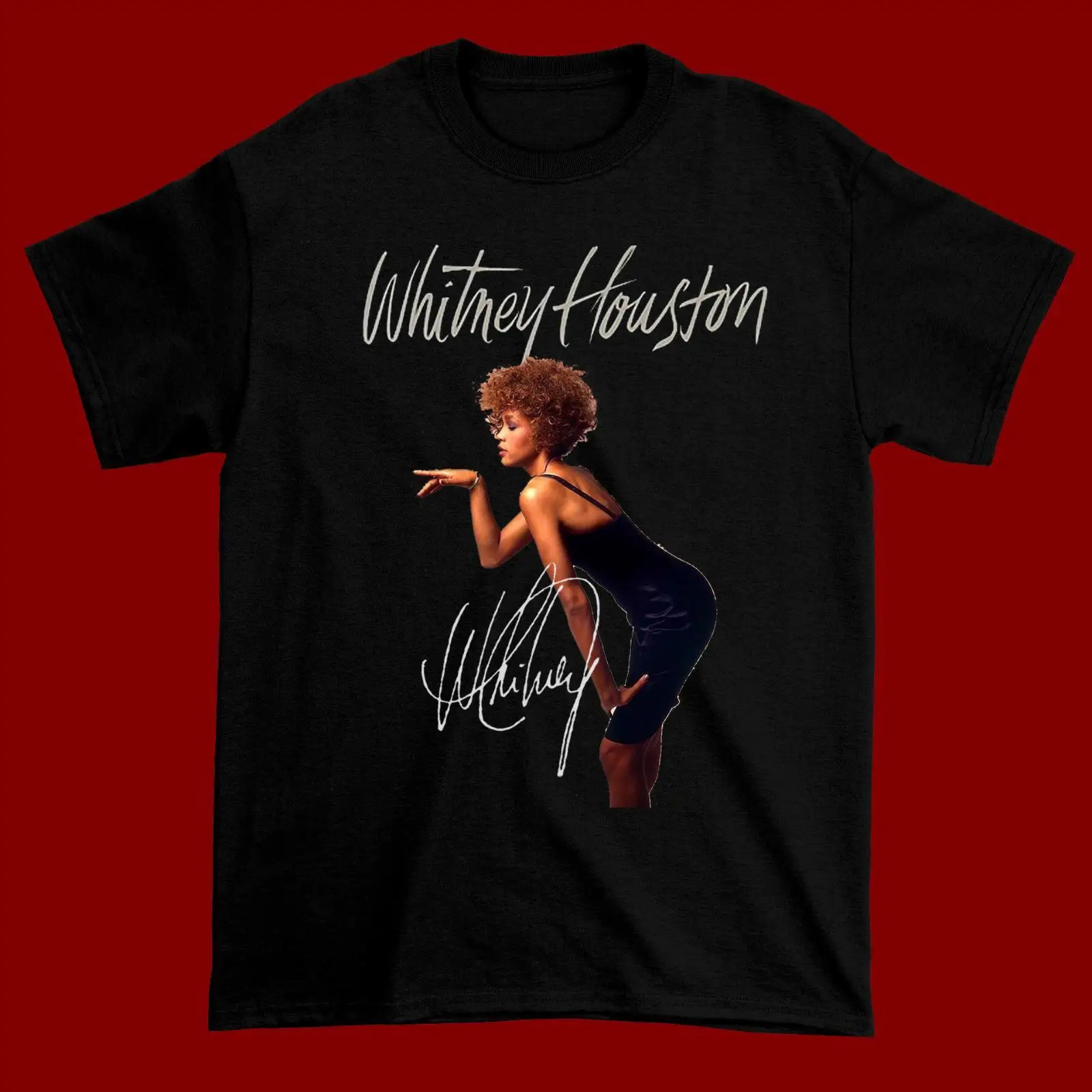 เสื้อยืดคอกลมใช้ได้ทุกเพศผ้าฝ้ายสีดำแขนสั้น Whitney Houston