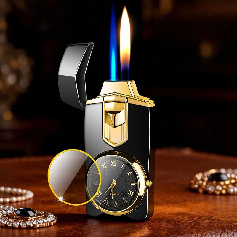 Luxury Watch Dial Torch Lighter, Black Gold Plated Refillable Butane Lighter with Real Clock, Elegant Windproof Gift for Men