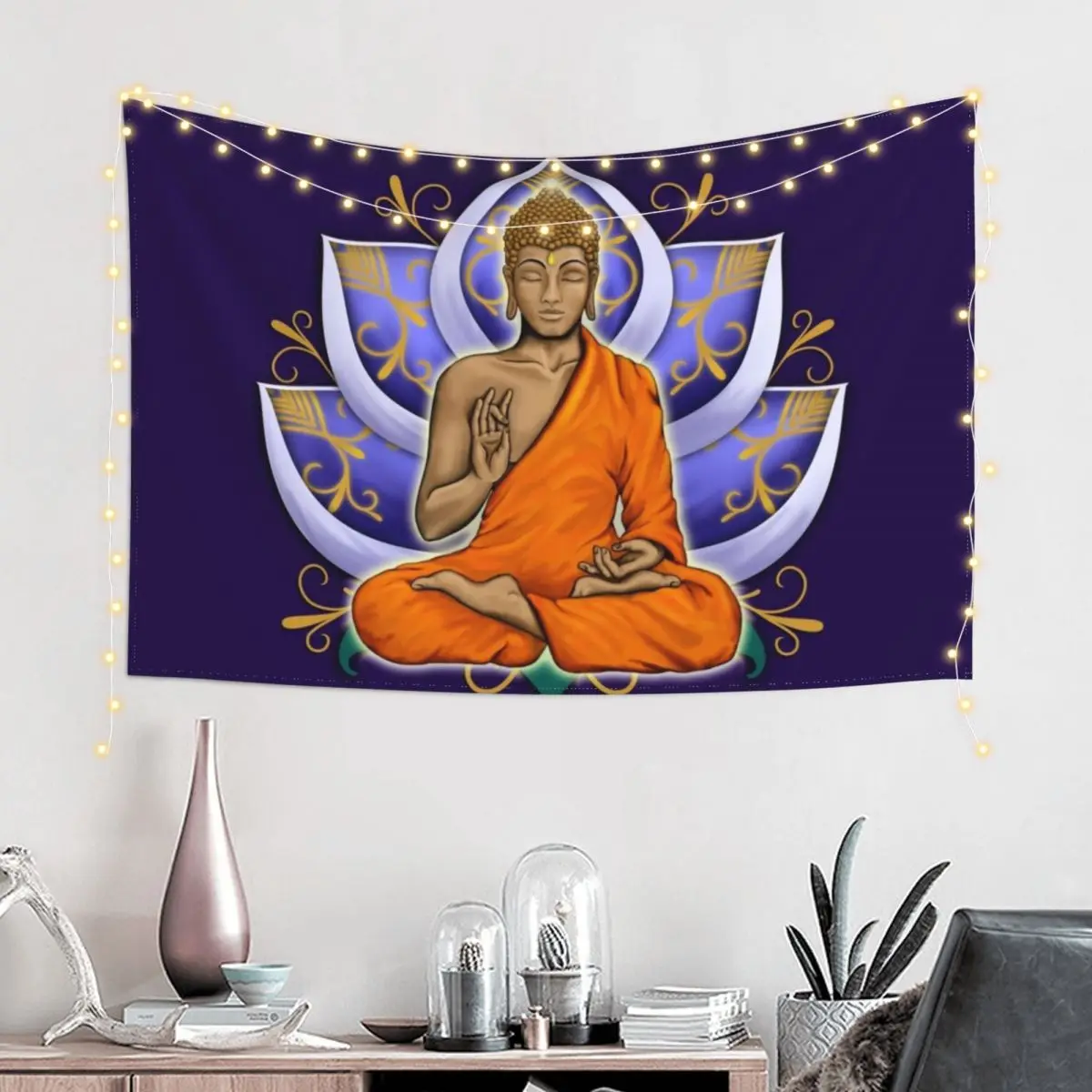 Abhaya Mudra Buddha with Violet Lotus Flower Tapestry Room Design Custom Tapestry