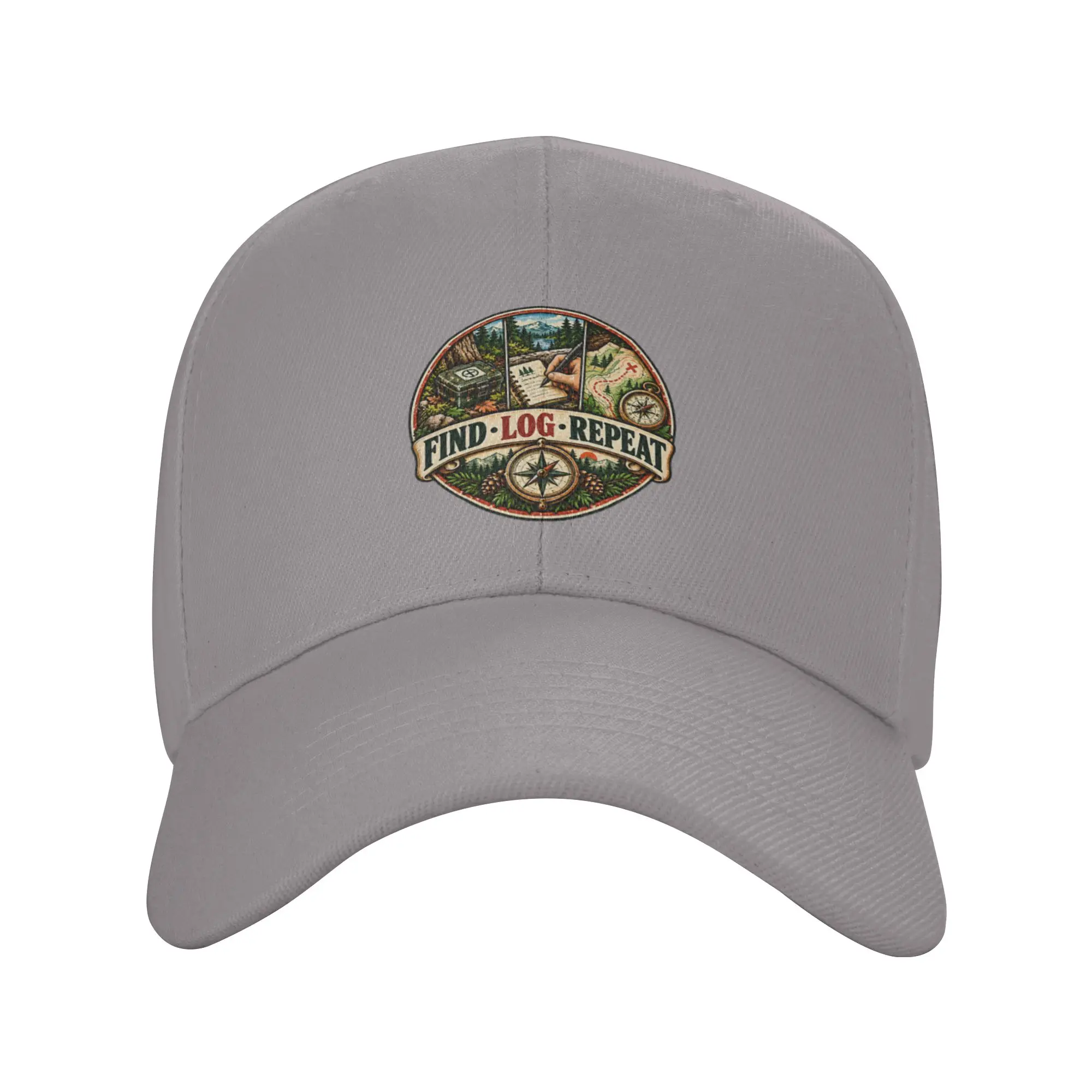 Hot Sale Round Find Log Repeat Geocaching Badge Baseball Cap  Oversized Polo Cap  Driving Polo Cap