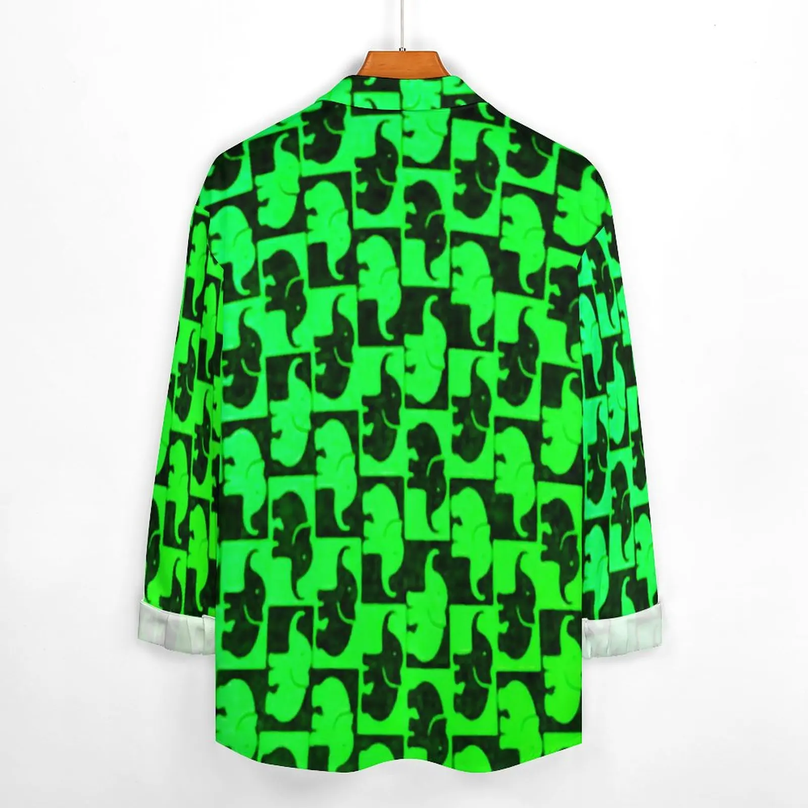 Neon Green Elephant Casual Shirts Male Funny Animal Print Shirt Long Sleeve Fashion Street Style Blouses Tops Plus Size 3XL 4XL