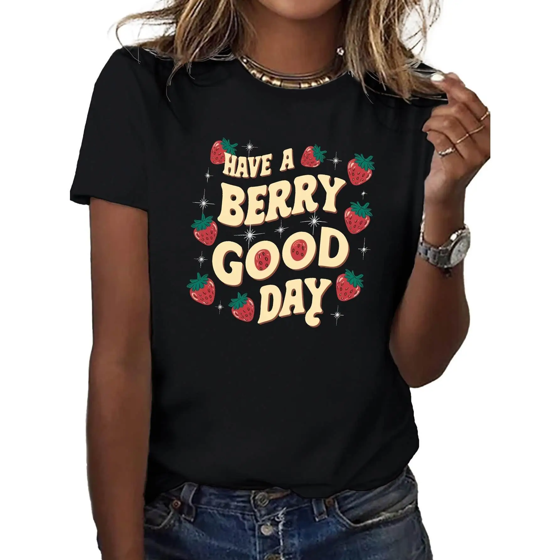 

Have A Berry Good Day T-Shirt, Funny Strawberry Graphic Top, Women's Retro Style Streetwear Crewneck Tee for Summer
