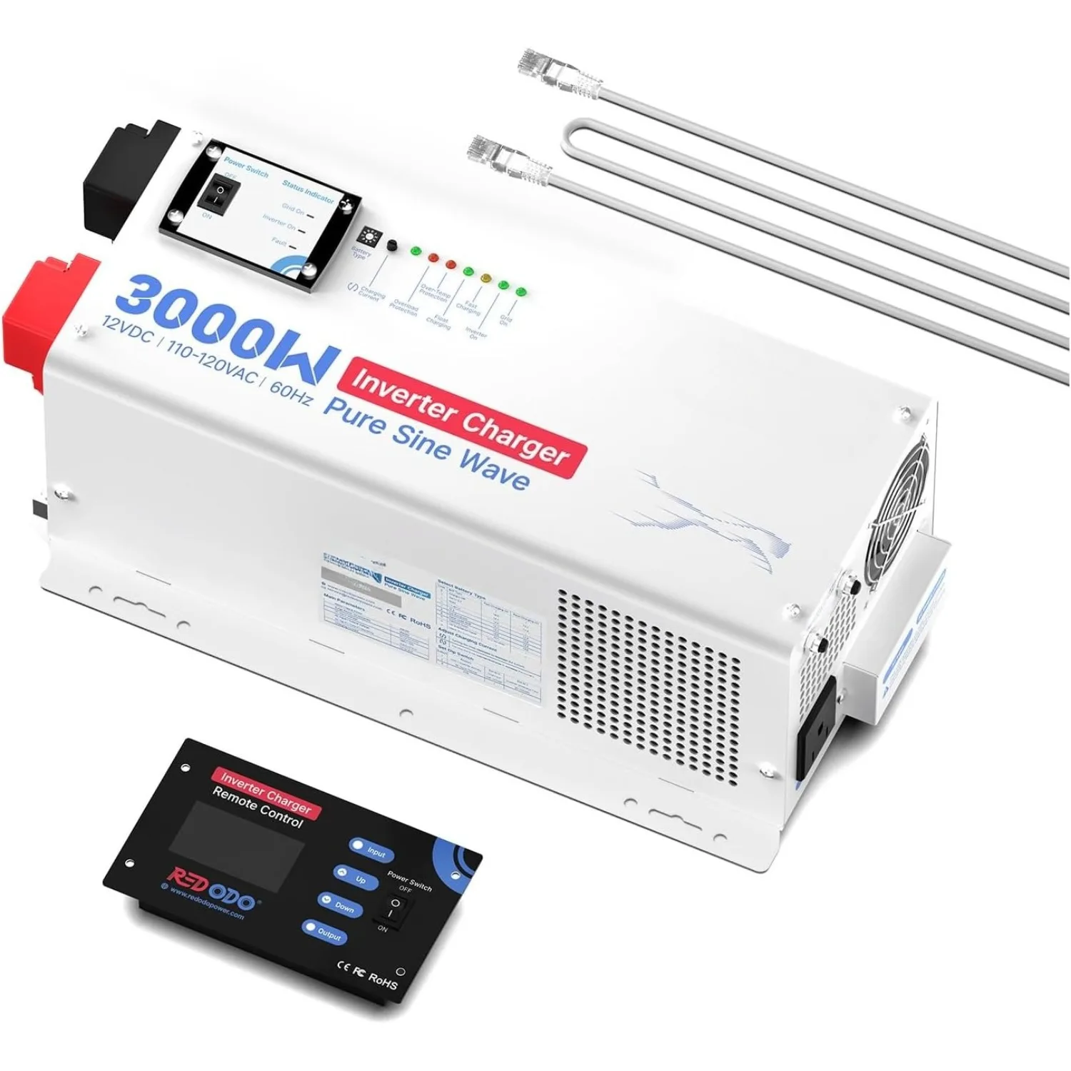 

3000w Pure Sine Wave Inverter Charger 12V DC to 120V AC Surge 9000w w/Remote Control for Off-Grid Solar RV Boat Home,