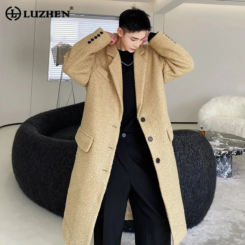 

LUZHEN Korean Fashion Men's Long Woolen Trench Coat Thicken High Quality Trendy Elegant Overcoat Solid Color Winter 2024 LZ5606