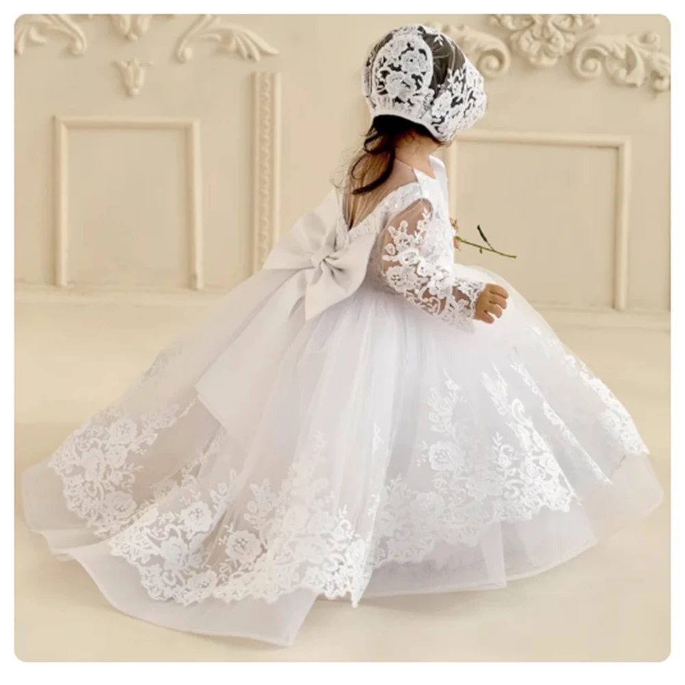 Baby Mädchen weiße Blume Mädchen Kleid für Hochzeit Tüll flauschige Perlen Spitze Applikation Kind erste eucharis tische Geburtstags feier Kleider