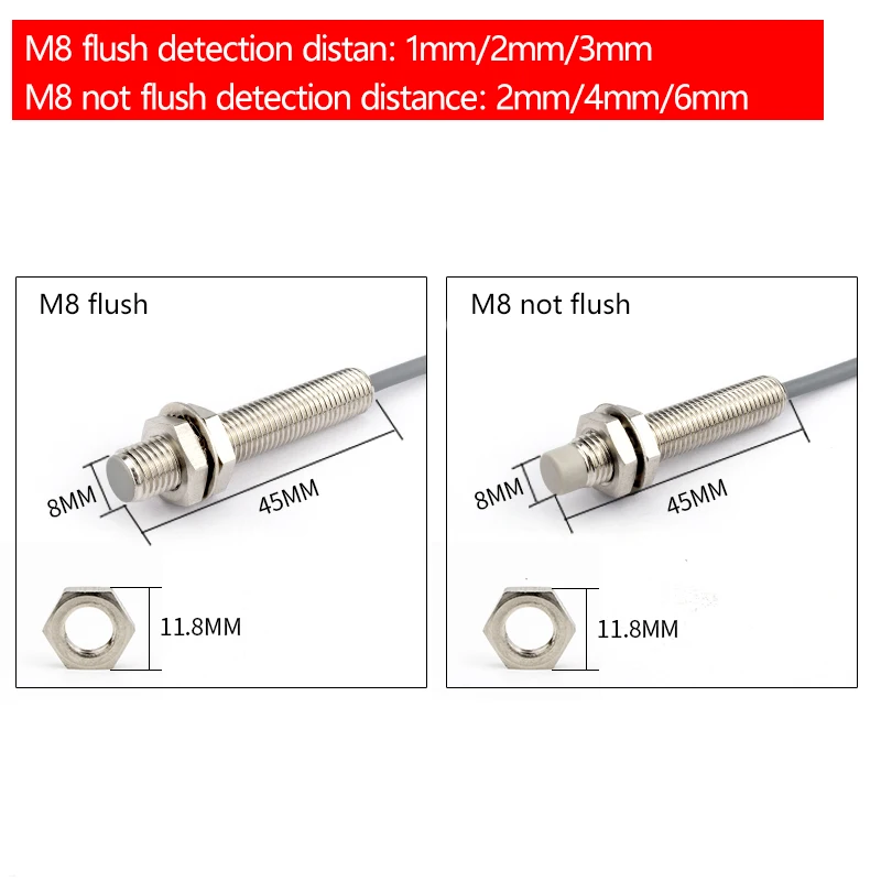 M8 Metal Induction Switch 8mm Proximity Switch Sensor Three-Wire Eye NPN/PNP/NO/NC Three-Wire 24V