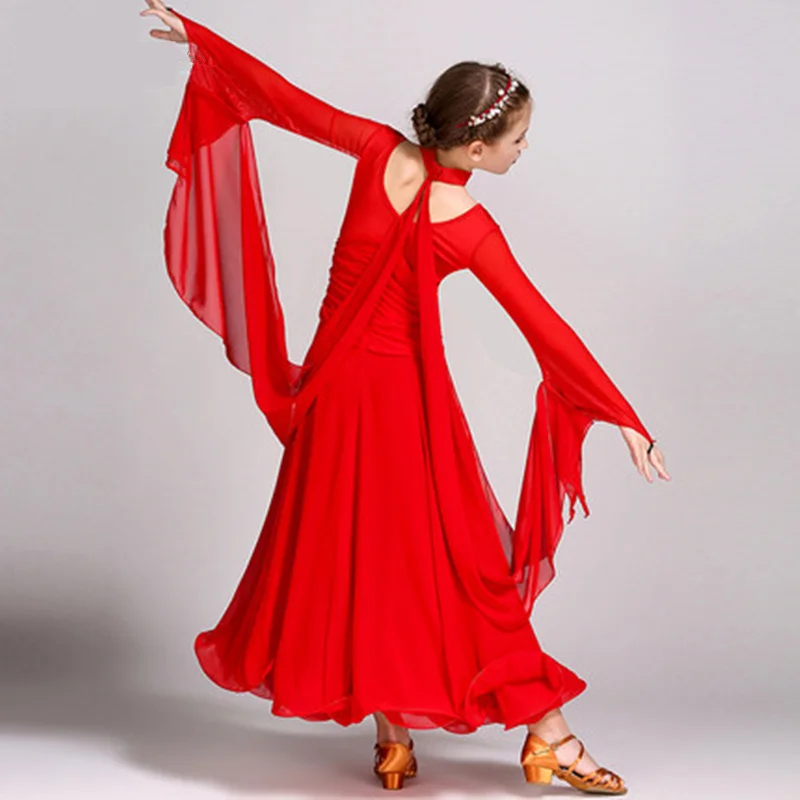 Vestido de baile de salón de competición estándar de manga larga de gasa para niñas y niños de una pieza moderno/valsa/baile latino/ropa de baile