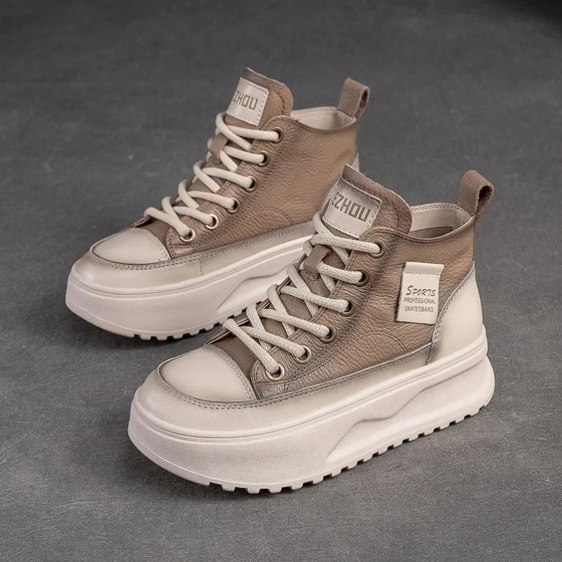 2025 حجم 35-40 النساء بوط من الجلد الطبيعي جولة تو منصة كعب السيدات أحذية أنيقة ربيع الخريف أحذية رياضية #5