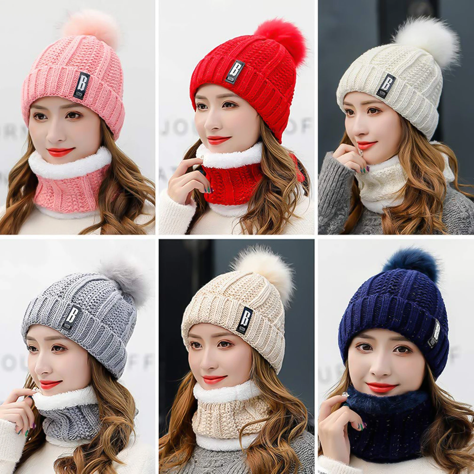 4pcs Winter Hat Scarf Gloves Ear Warmer Knit Warm Beanie Hat Touch Screen Gloves Long Knitted Plaid Scarf Set Gifts for Women